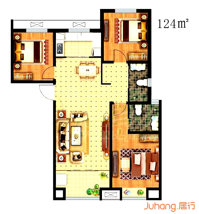 邯郸国瑞·瑞城国瑞124㎡户型图3室2厅2卫124平米