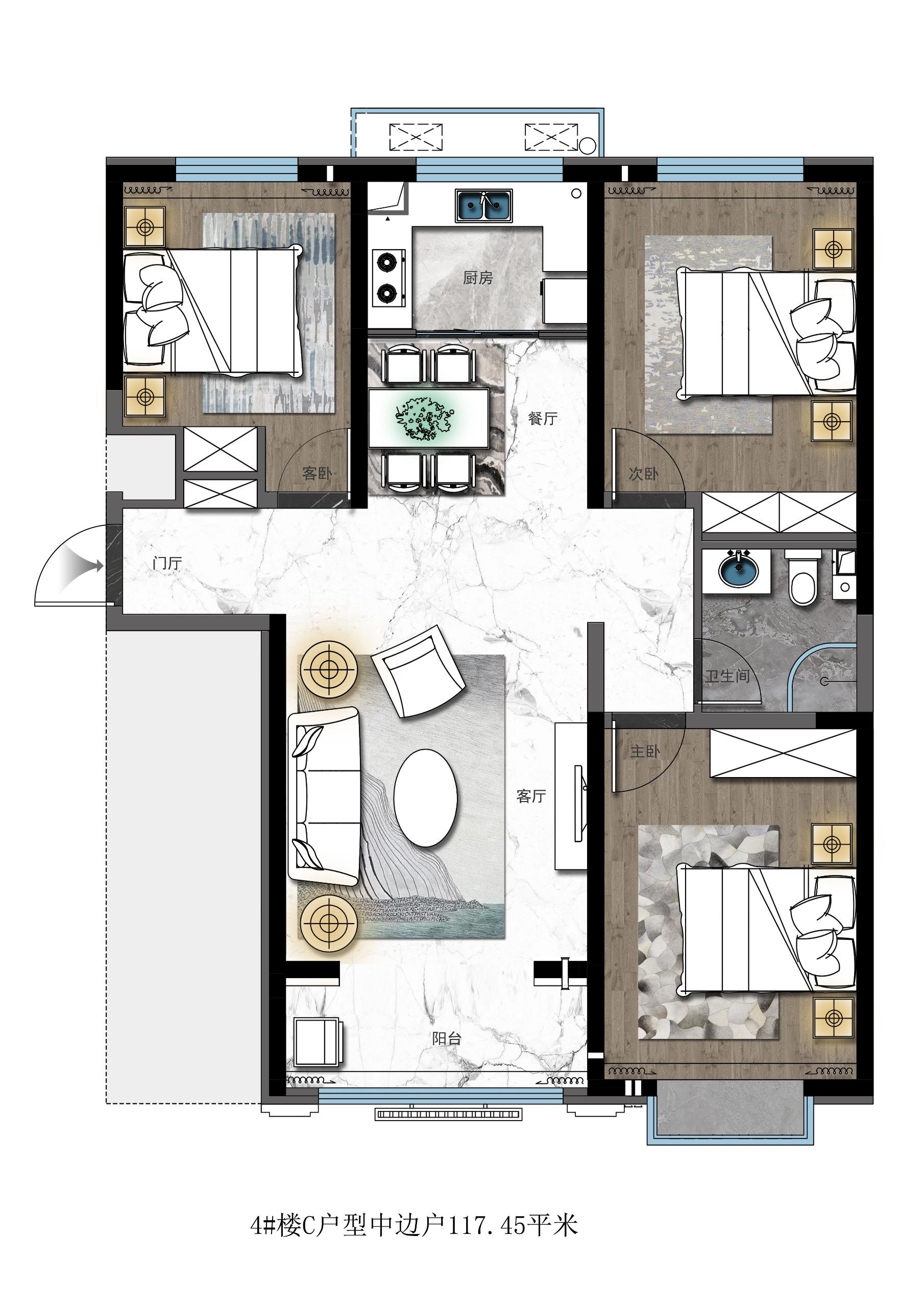 邯郸银泰公园里C户型中边户3室1厅1卫117.45平米