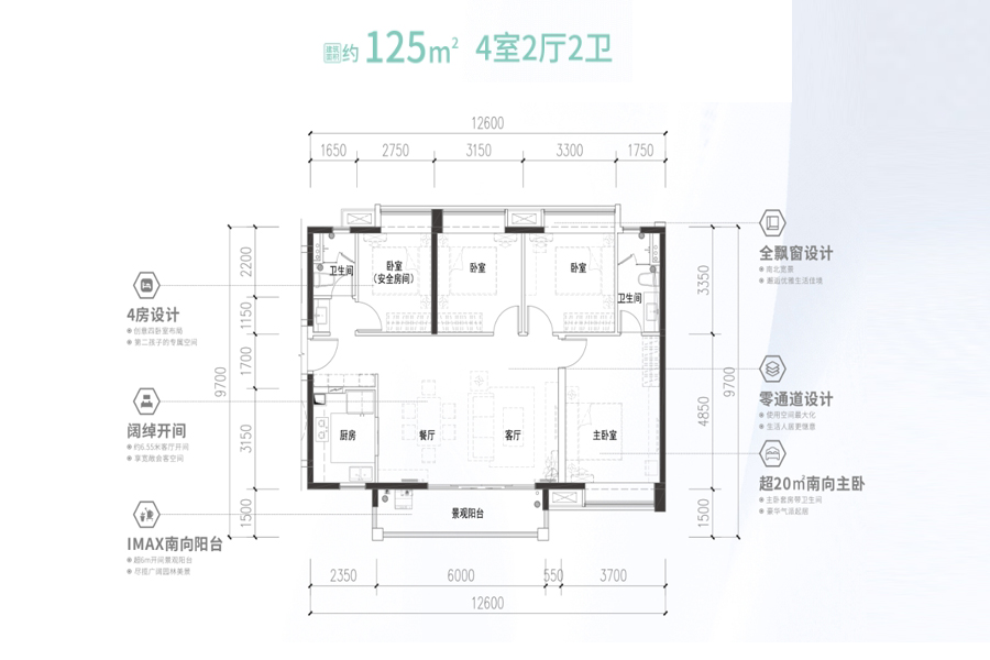 新乡清远时代领峰住宅06户型约125㎡2室2厅0卫125平米