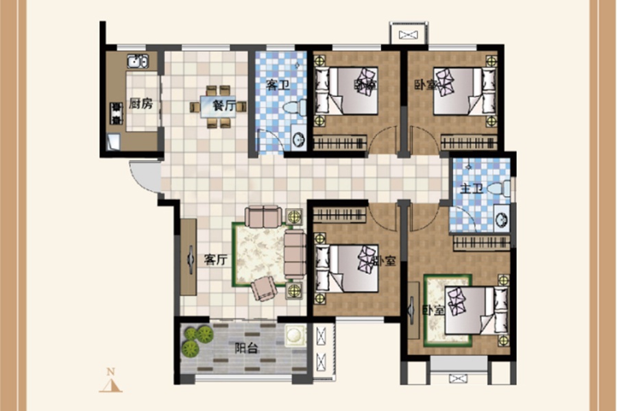 新乡环岛丽园1-C户型4室2厅2卫140.04平米