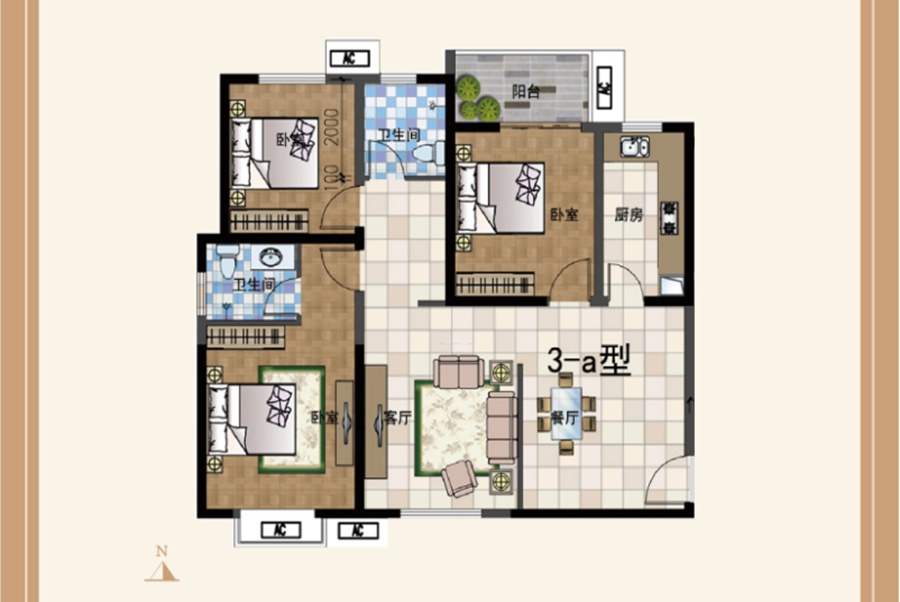 新乡环岛丽园3-A户型3室2厅2卫120.78平米